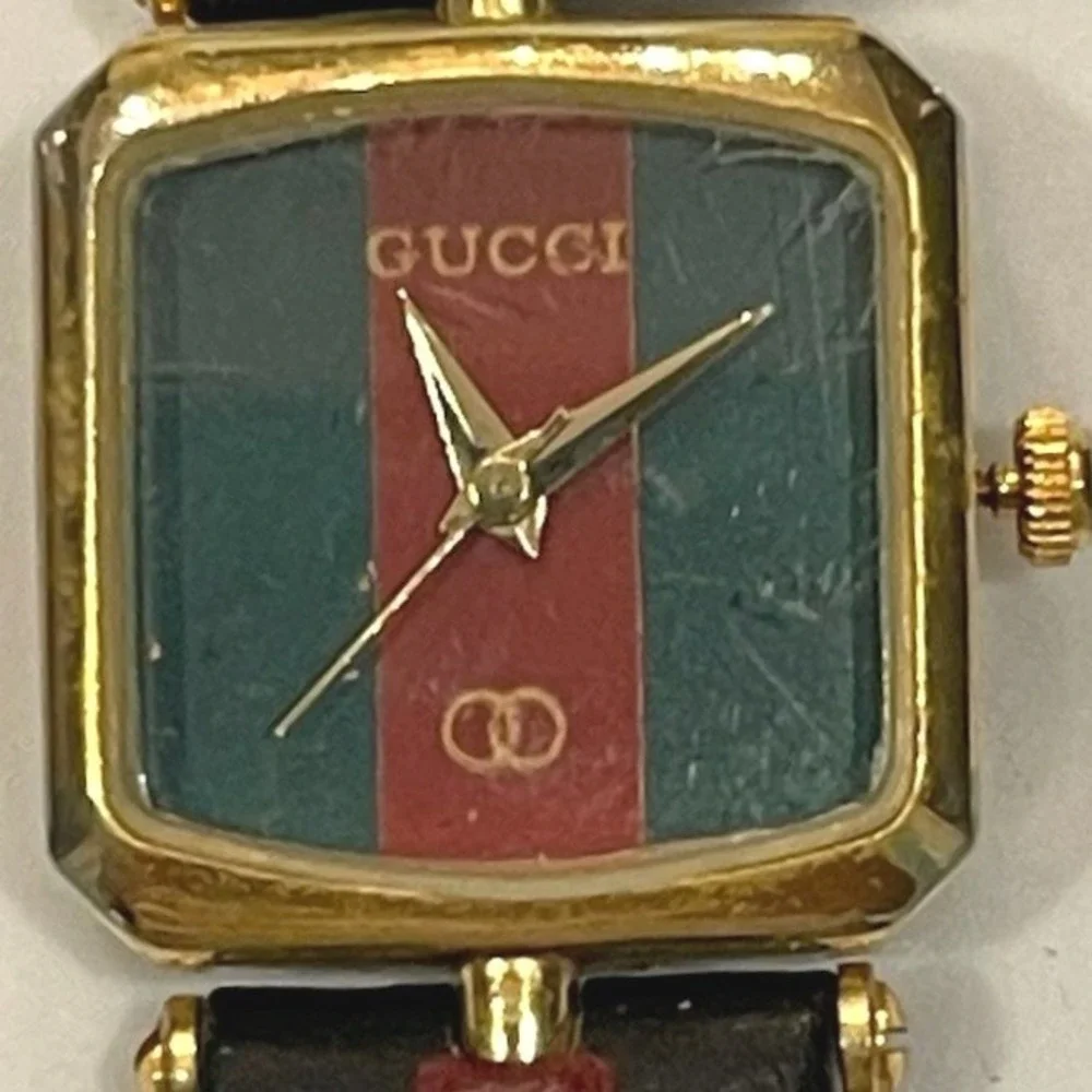 Gucci 1900L Vintage Square Web Stripe Gold Tone Leather Strap Watch